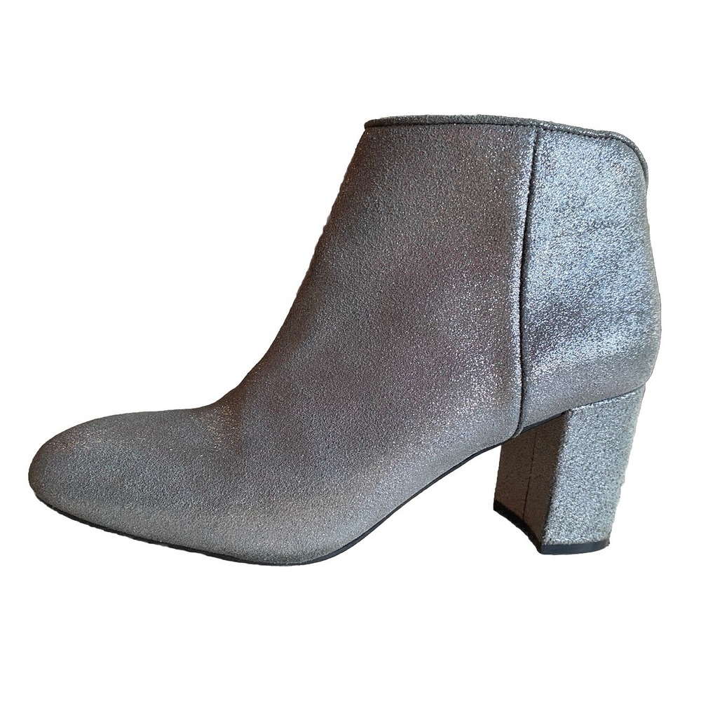 Silver Glitter Ankle Boots Block Heel Almond Toe Side Zip Sparkly Booties Sz 7.5